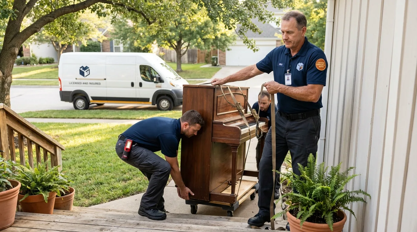 Licensed piano movers securing grand piano in Avon Lake, OH