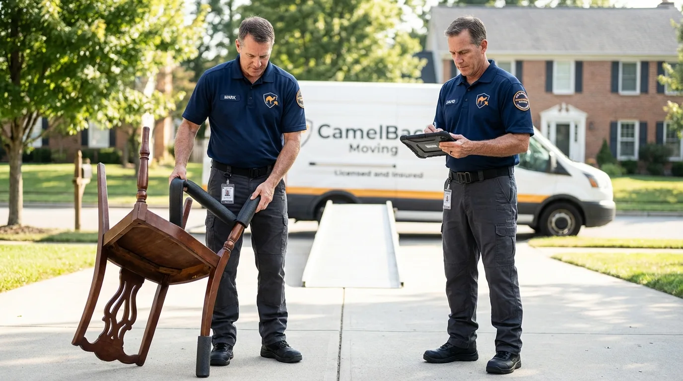 Movers inspecting furniture for damage prevention before loading in Avon Lake, OH